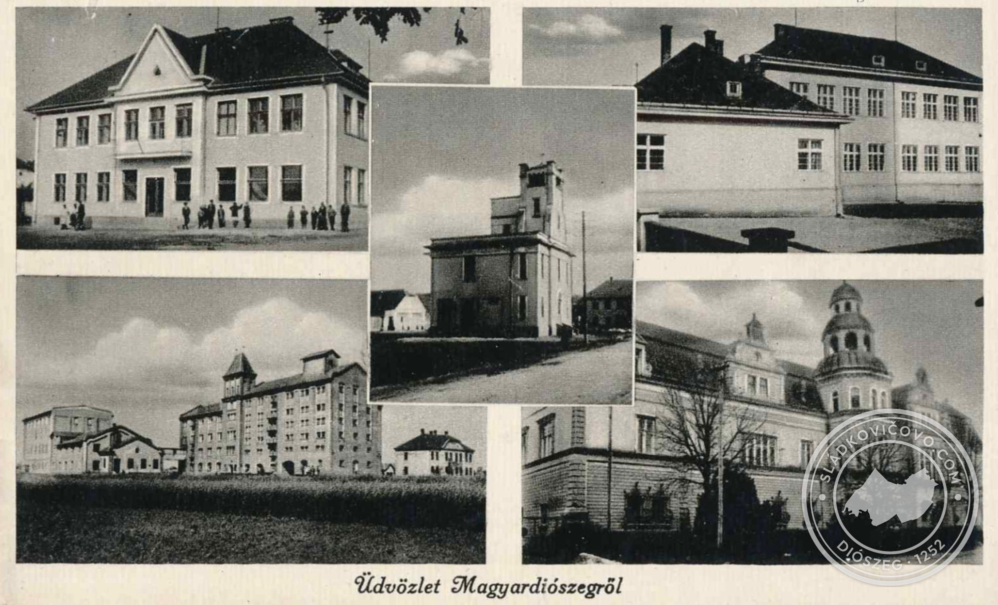 Pohľadnica s piatimi fotografiami Diószegu z obdobia konca tretej dekády minulého storočia.